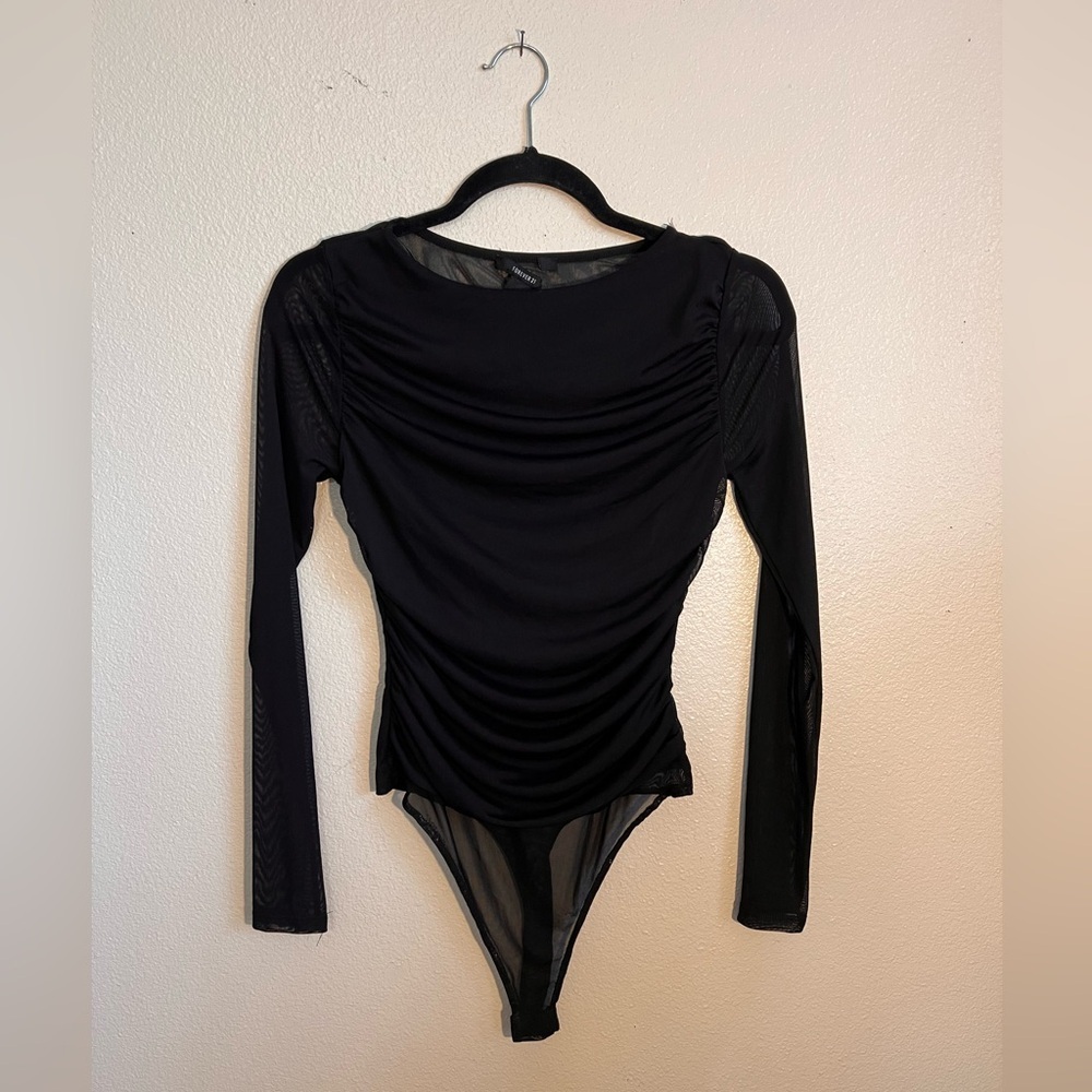Forever 21 Black Mesh Sleeve Ruched Bodysuit - Size S - NWOT